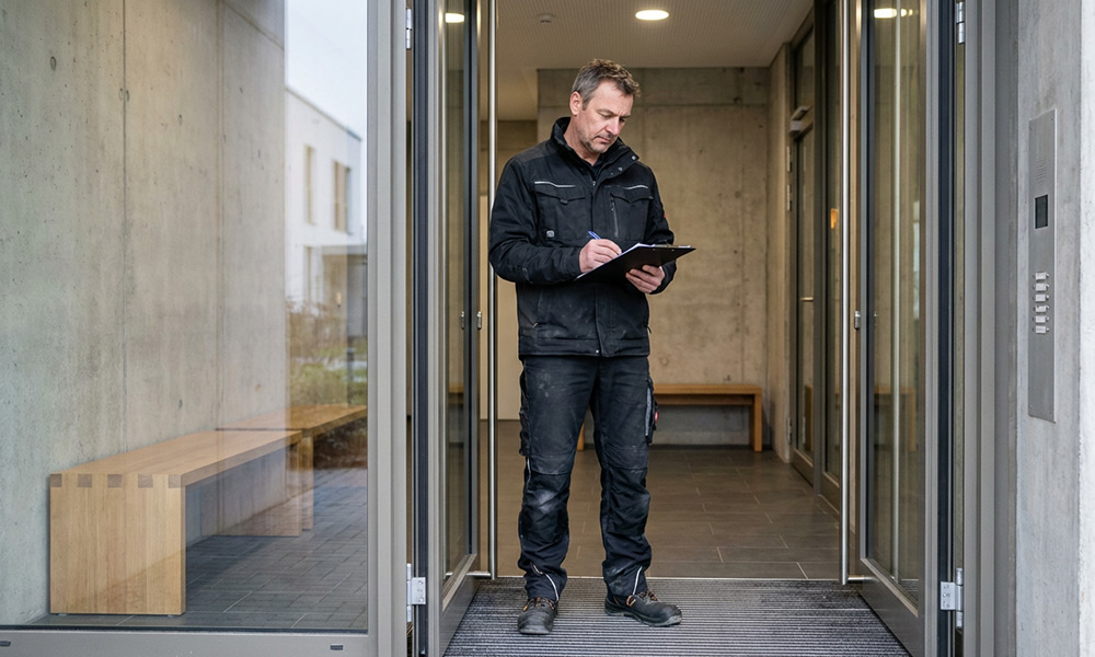 Hausmeister prüft vor Ort eine Immobilie und hält Ergebnisse auf einem Klemmbrett fest. Hausmeisterservice Köln