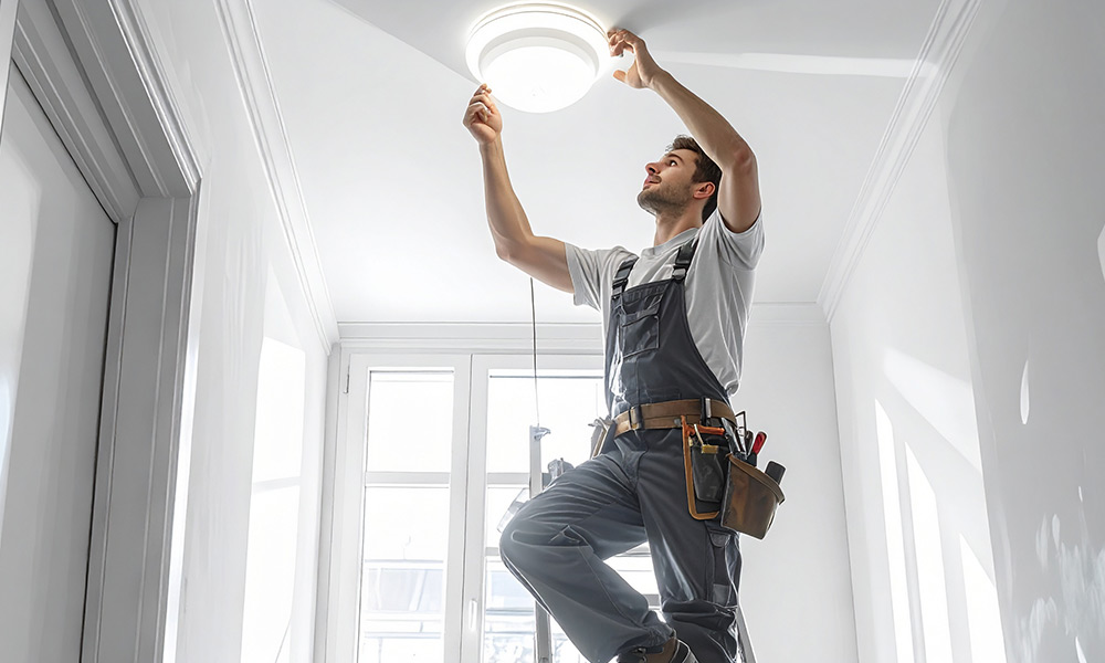 Hausmeister montiert eine Deckenleuchte in einem Innenraum.