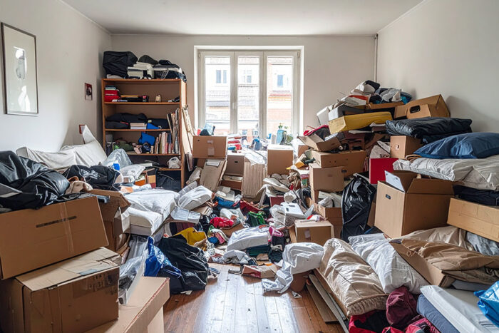 Unaufgeräumter Raum mit Kartons und Möbeln vor einer Entrümpelung