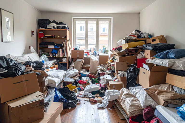 Unaufgeräumter Raum mit Kartons und Möbeln vor einer Entrümpelung