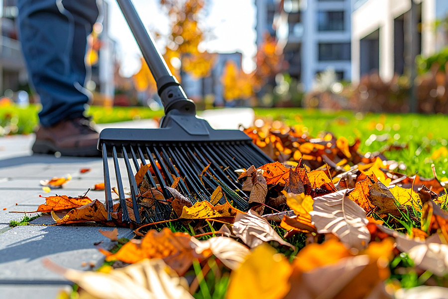 Gartenservice beim Entfernen von Herbstlaub auf einem Gehweg, Hausmeisterservice Köln
