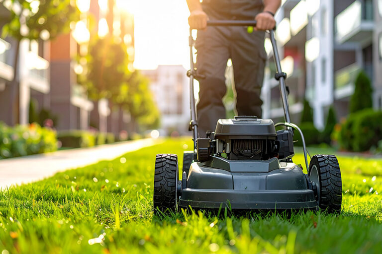 Gartenservice beim Rasenmähen einer Grünfläche in einer Wohnanlage, Hausmeisterservice Köln