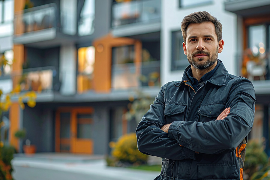 Hausmeister steht vor einer Wohnanlage, Hausmeisterservice