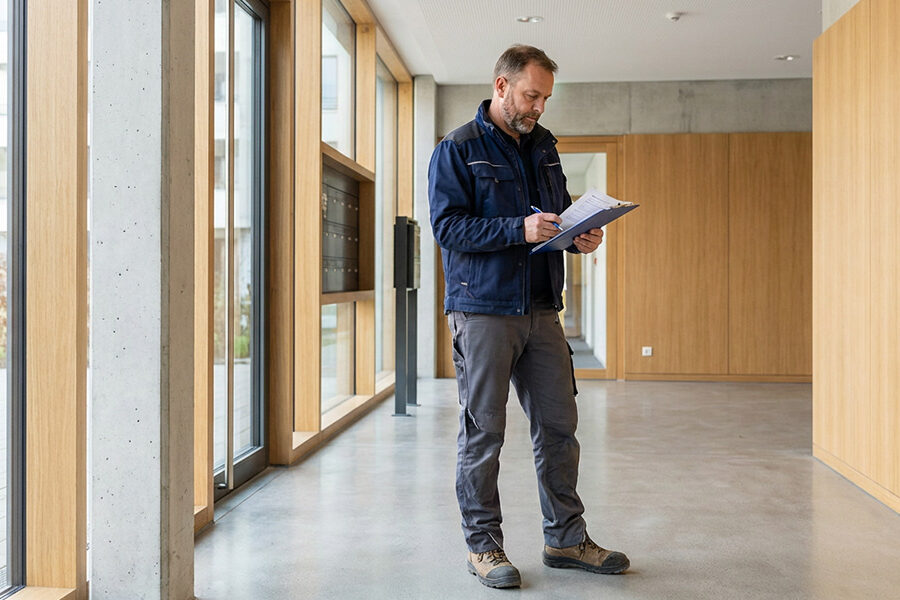 Hausmeister steht im Eingangsbereich eines Gebäudes und prüft den Zustand, Hausmeisterservice Köln