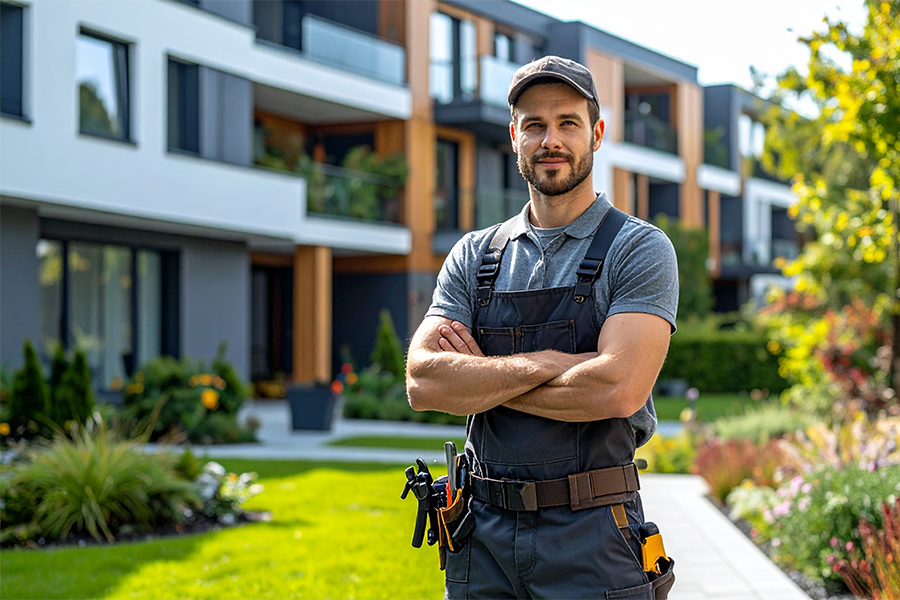 Hausmeister steht vor einer gepflegten Wohnanlage, Referenzen