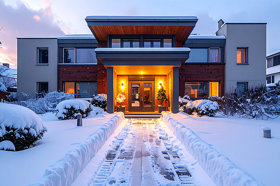 Geräumter Gehweg vor einem Wohnhaus im Winter
